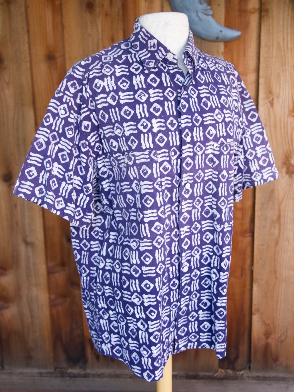Vintage New Man 100% Cotton Purple Abstract Batik Button Down Shirt Men's 2